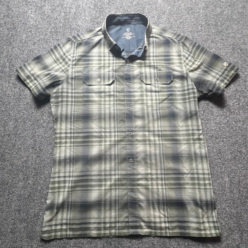 Kuhl Mens 7452 Response Short Sleeve Plaid Button Down Shirt Green Grey Small